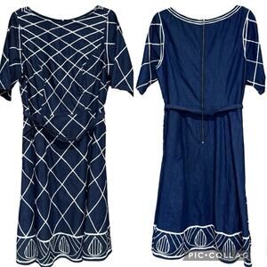 eShakti Embellished Cotton Chambray Belted Short Sleeve Midi Dress Modest Dressy